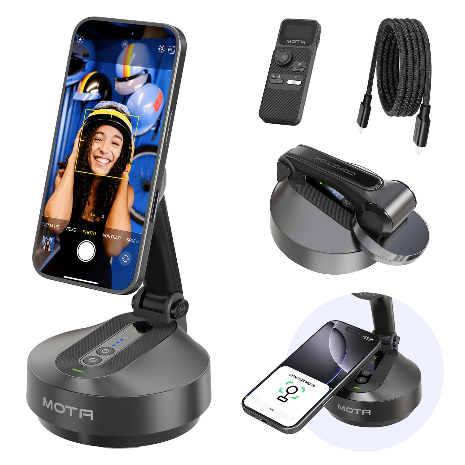 Photo 1 of COMITOK Magnetic Auto Face Tracking Stand MOTA Tripod with Remote Controller for iPhone Follows Your Movement Hands-Free Video Recording with 360 Degree Holder for Conference, FaceTime, Fittness-Black