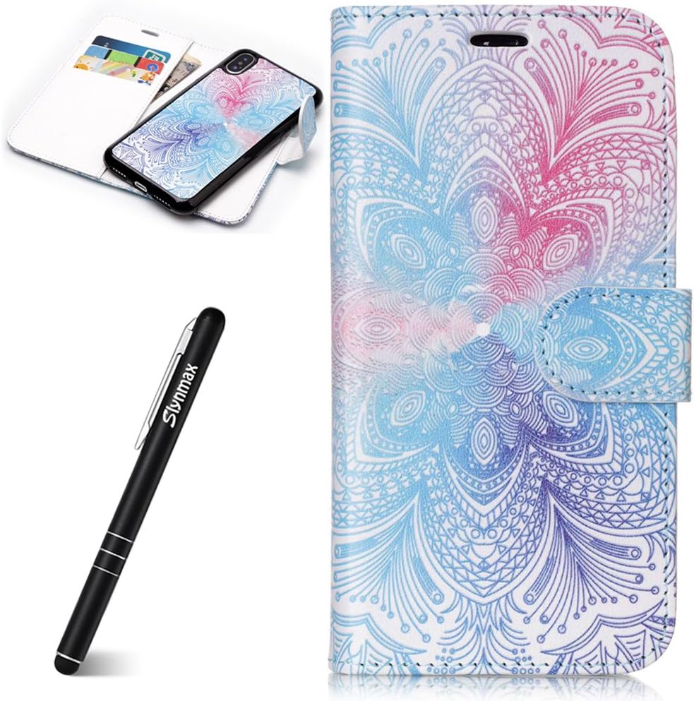 Slynmax iPhone X Case, iPhone X Phone Case, Flip 2 in 1 Folio Detachable Wallet Case Premium PU Leather Holster + Silicone Soft TPU Back Cover Blue Pink Flower Design