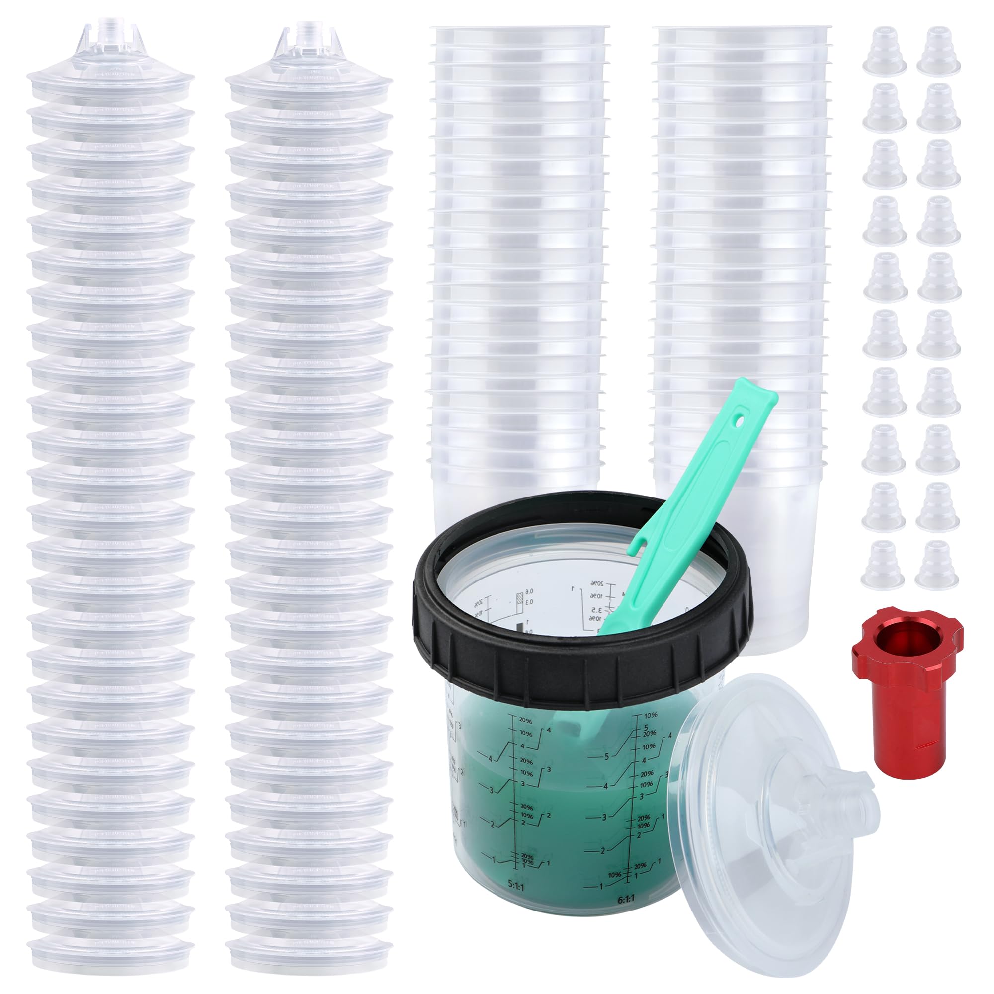 Photo 1 of Liliantus Disposable Paint Spray Gun Cups for Automotive Paint Gun, Paint Mixing Cups 20 Ounce-50 Pack Paint Cups with Lids,1 Hard Cup with Retainer Ring, 1 Cup Adapter, 20 Plugs with 1 Paint Stirrer
