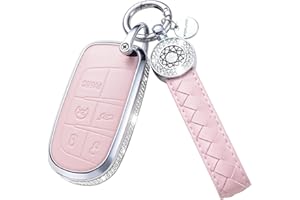 RUABIBAN for Jeep Key Fob Cover with Keychain, Pink Genuine Leather Crystal Key Case Protection Shell Compatible with Jeep Smart Key 3 4 5 Buttons