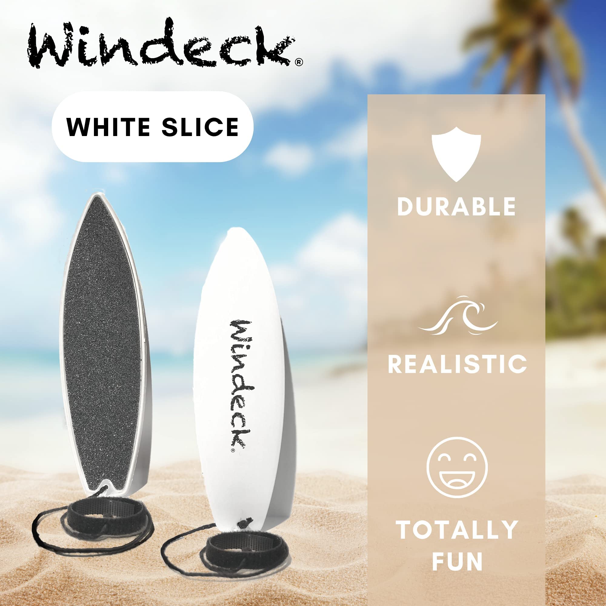 Windeck Finger Surfboard – White Slice Mini Finger Board Toy for Kids & Skaters | Air Surfboard Toy for Car Window Wind Tricks | Includes Grip Tape & Leash | Travel Gift for Surfers & Creative Play