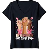 Womens In October We Wear Pink Sugar Skull Halloween Breast Cancer V-Neck T-Shirt