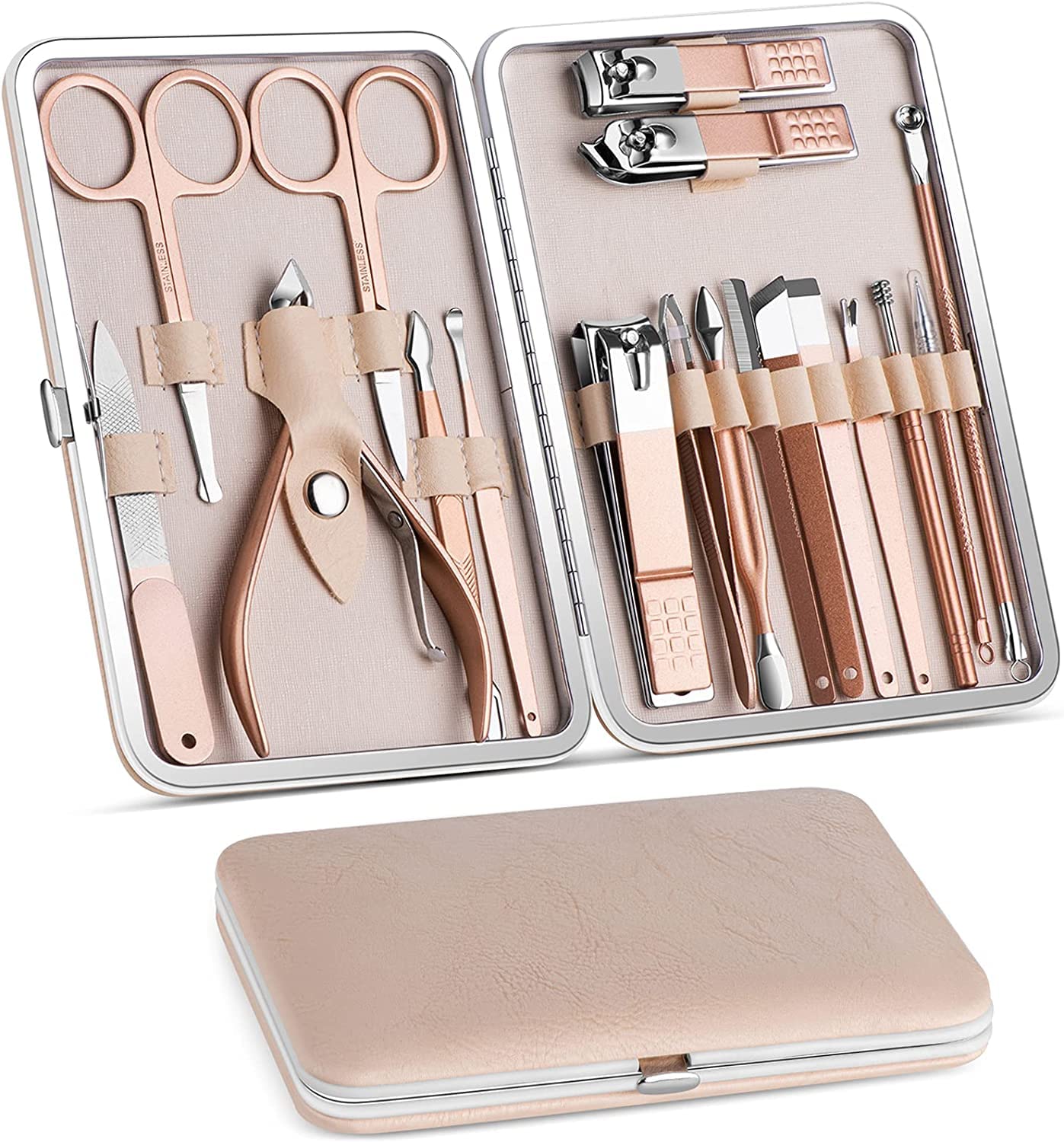 18pcs Manicure Set, stainless steel Pedicure Kit, Nail Clippers, For Unisex Professional Grooming Kit, Nail File Trimmer Nose Hair Eyebrow Scissors Tools with Portable Travel Case (Rose Gold)