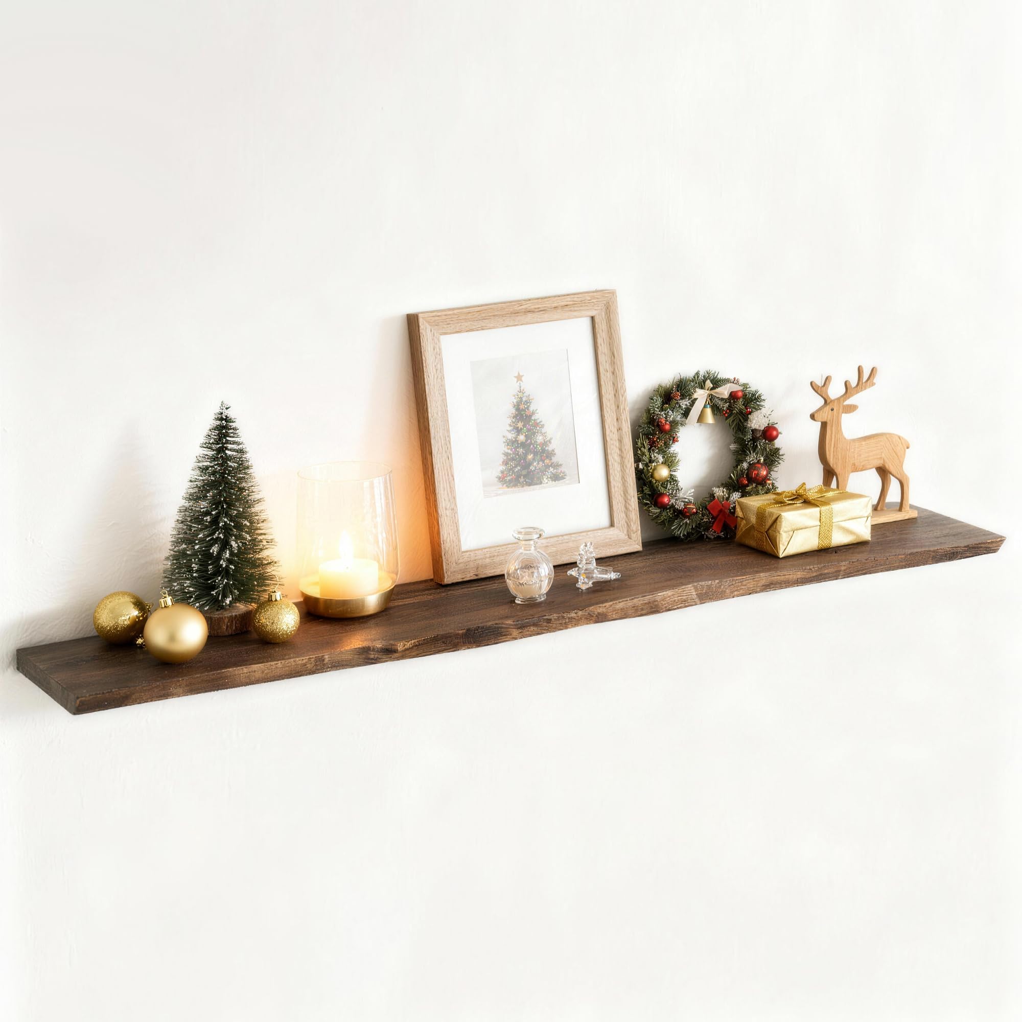 Photo 1 of Reclaimed Elm Wood Floating Shelf for Wall, Live Edge 55"W x 9.2"D x 1.4"H, 1 Pack with Invisible Bracket, Large Wall Mounted Shelf for Living Room Bedroom Kitchen Bathroom Decor, Walnut Finish