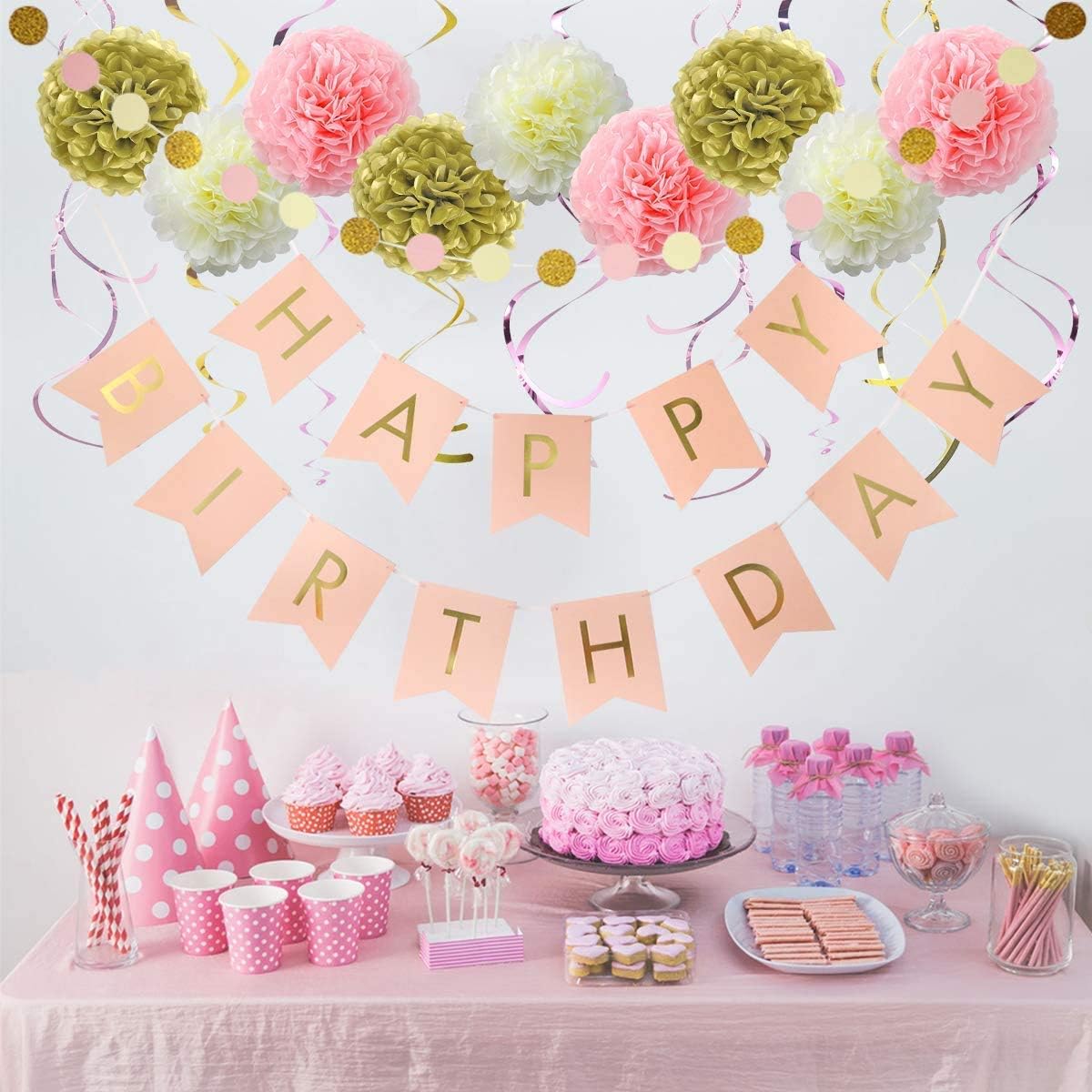 Litaus Birthday Decorations, Pink and Gold Happy Birthday Decorations for Women, Happy Birthday Banner, Hanging Swirls, Paper Garlands for 1 Birthday Decorations, Birthday Party, Girls Birthday: Toys & Games