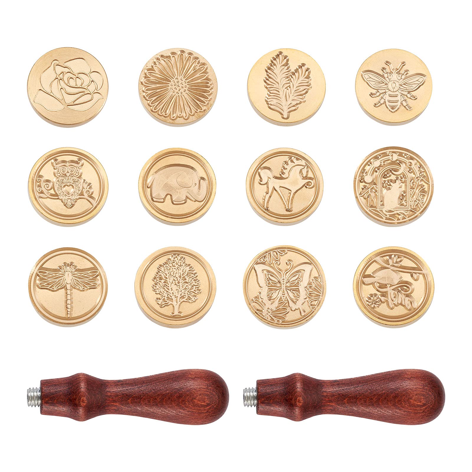 Beadthoven Wax Seal Stamp, 12pcs Retro Flower & Animal Theme Sealing Copper Heads & 2pcs Wooden Handle for Wedding Envelope Invitations Bottle Decor