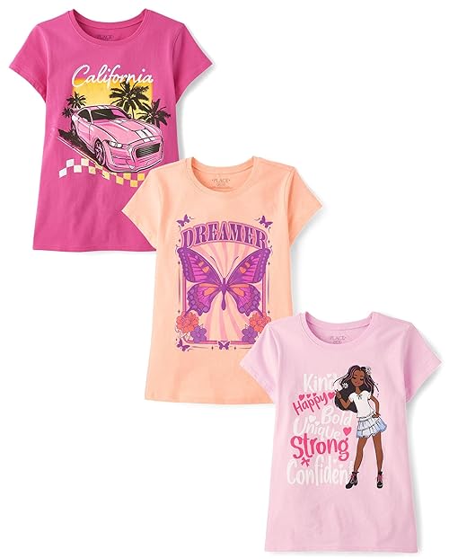 The Children's Place,Girls,Kindness,Love,Equality Short Sleeve Graphic T-Shirts, Multipacks,Butterfly/Car/Girl Be You 3-Pack,Small