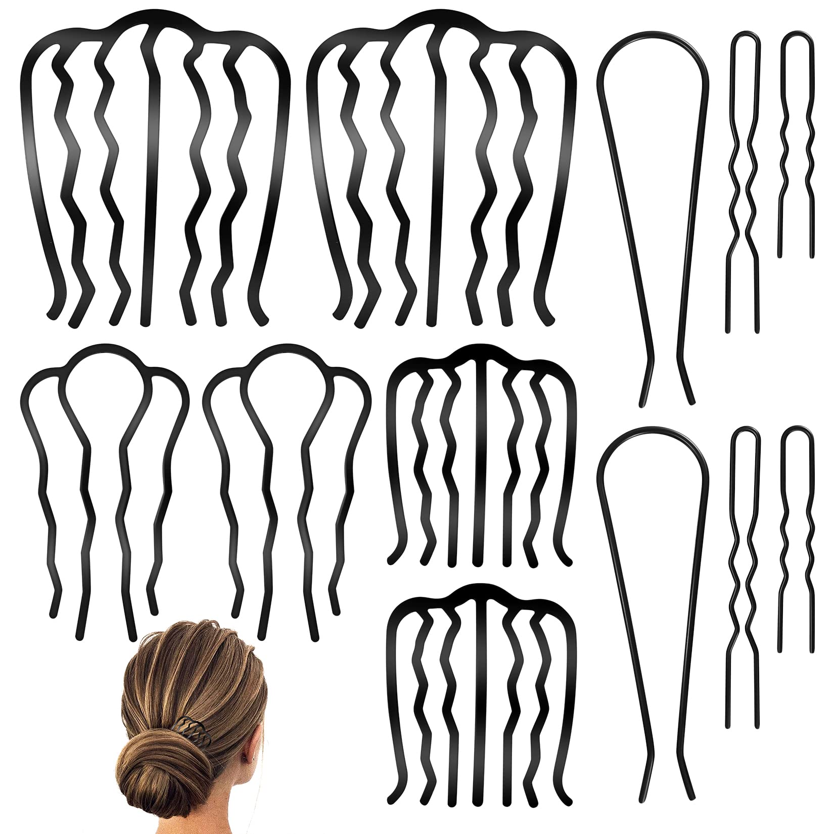 Photo 1 of QOOSIKICC 12 Pcs Hair Side Combs, Hair Fork Clips, Pins, French Twist Updo Accessories, U-Shape Teeth Styling Tool for Vintage Hairstyle Women Girls Bun - Black