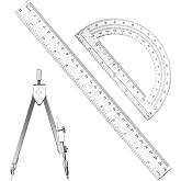 Tdfronien 3 Packs Plastic 12 Inch Ruler,6 Inch Clear Protractor and Compasses Set Student Geometry Math Set for Classroom Set Angle Detector School Supplies Classroom Ruler Home Office Drawings