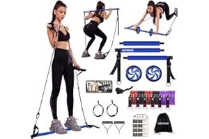 HOTWAVE Pilates Bar Kit with Resistance Bands.Fitness Bar with Ab Roller for Abs Workout. Squat Machine.Core Strength Training Equipment.Portable Home Gym for Women