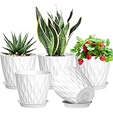 Meowell 7 inch Plant Pots for Indoor Outdoor Plants, 5 Pack Thick Nursery Pots with Drainage Holes and Saucers, 3D Modern Wave Texture Plastic Planter Pots for Flowers and House Plants, White