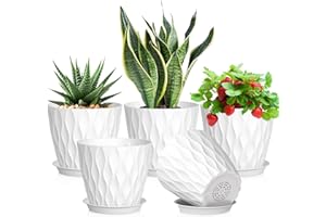 Meowell 7 inch Plant Pots for Indoor Outdoor Plants, 5 Pack Thick Nursery Pots with Drainage Holes and Saucers, 3D Modern Wave Texture Plastic Planter Pots for Flowers and House Plants, White
