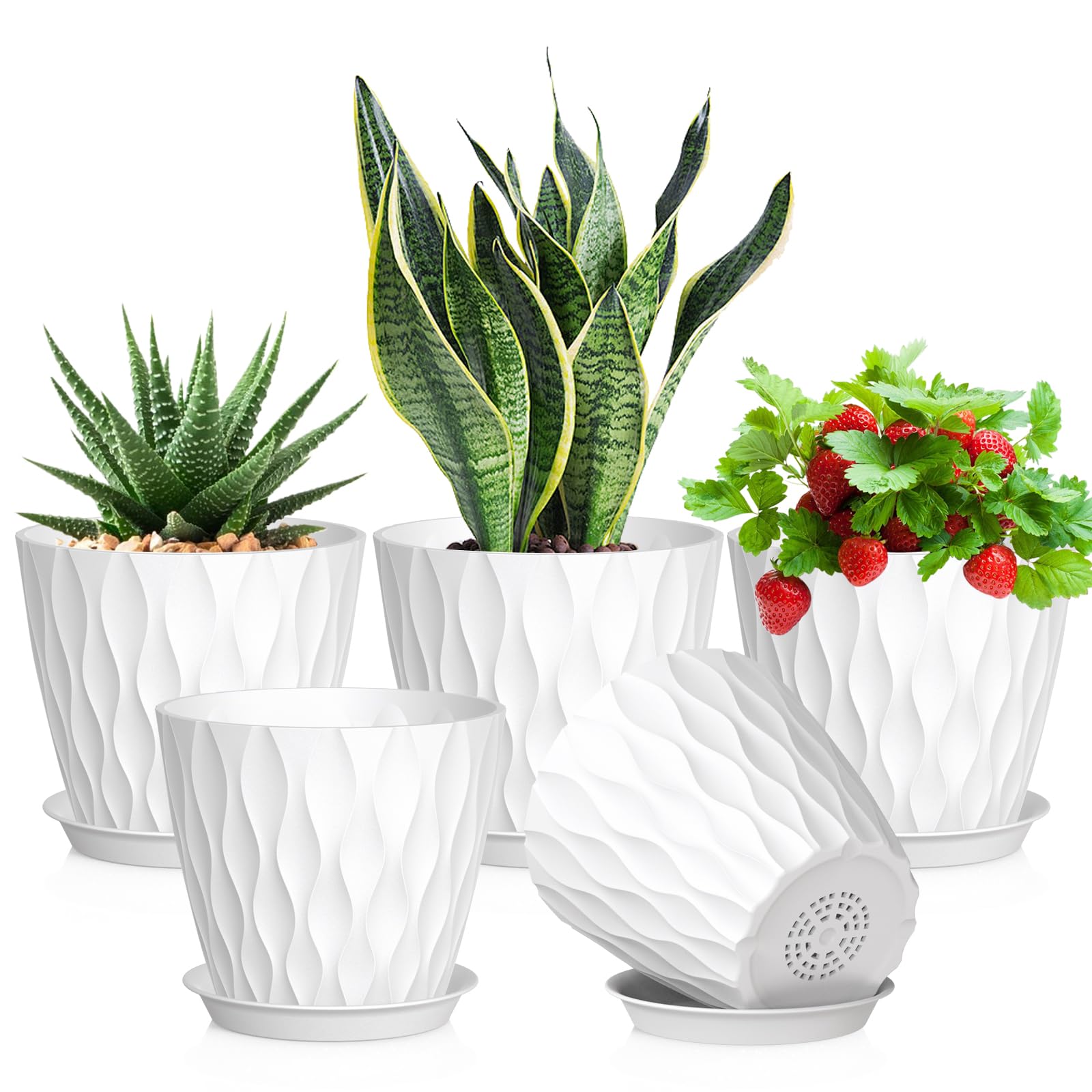 Photo 1 of Meowell 7 inch Plant Pots for Indoor Outdoor Plants, 5 Pack Thick Nursery Pots with Drainage Holes and Saucers, 3D Modern Wave Texture Plastic Planter Pots for Flowers and House Plants, White