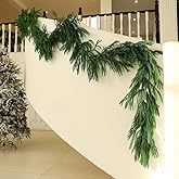 IDEVRE 9FT Christmas Garland Artificial Norfolk Pine Garland，Handmade Real Touch Greenery Faux Pine Needles Garland for Home Table Mantle Fireplace Indoor Outdoor Christmas Decor(Dark Green)