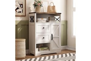 Fameill White Farmhouse Storage Cabinet with 2 Drawers & Shelves,Freestanding Kitchen Cabinet with Doors,Floor Storage Organization for Living Room,Bathroom,Laundry