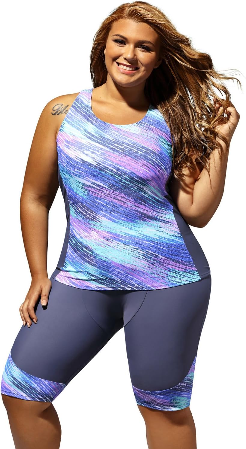 ENLACHIC Women Plus Size Surf Swimwear Rash Guard Swim Capris Tankini Swimsuit