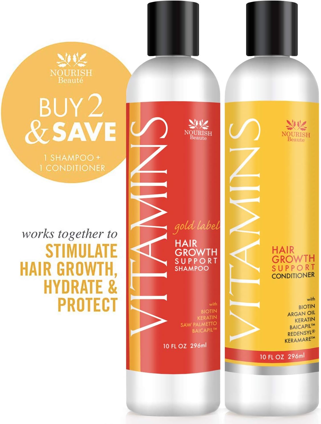 Nourish Beaute Vitamins Premium Shampoo and Conditioner for Hair Loss that Promotes Hair Regrowth For Men and Women, 1 10 Ounce Bottle of Premium Shampoo and 1 10 Ounce Bottle of Conditioner