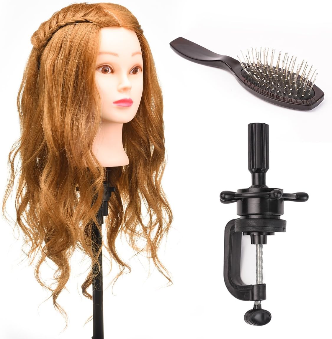 22" 80% Real Human Hair Hairdressing Training Head Dummy Head Salon Head + Clamp+Steel Comb (Auburn brown)