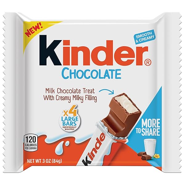 KINDER CHOCOLATE, 4 LARGE BARS, MILK CHOCOLATE BAR WITH CREAMY MILKY FILLING, INDIVIDUALLY WRAPPED CANDY, 3 OZ TOTAL