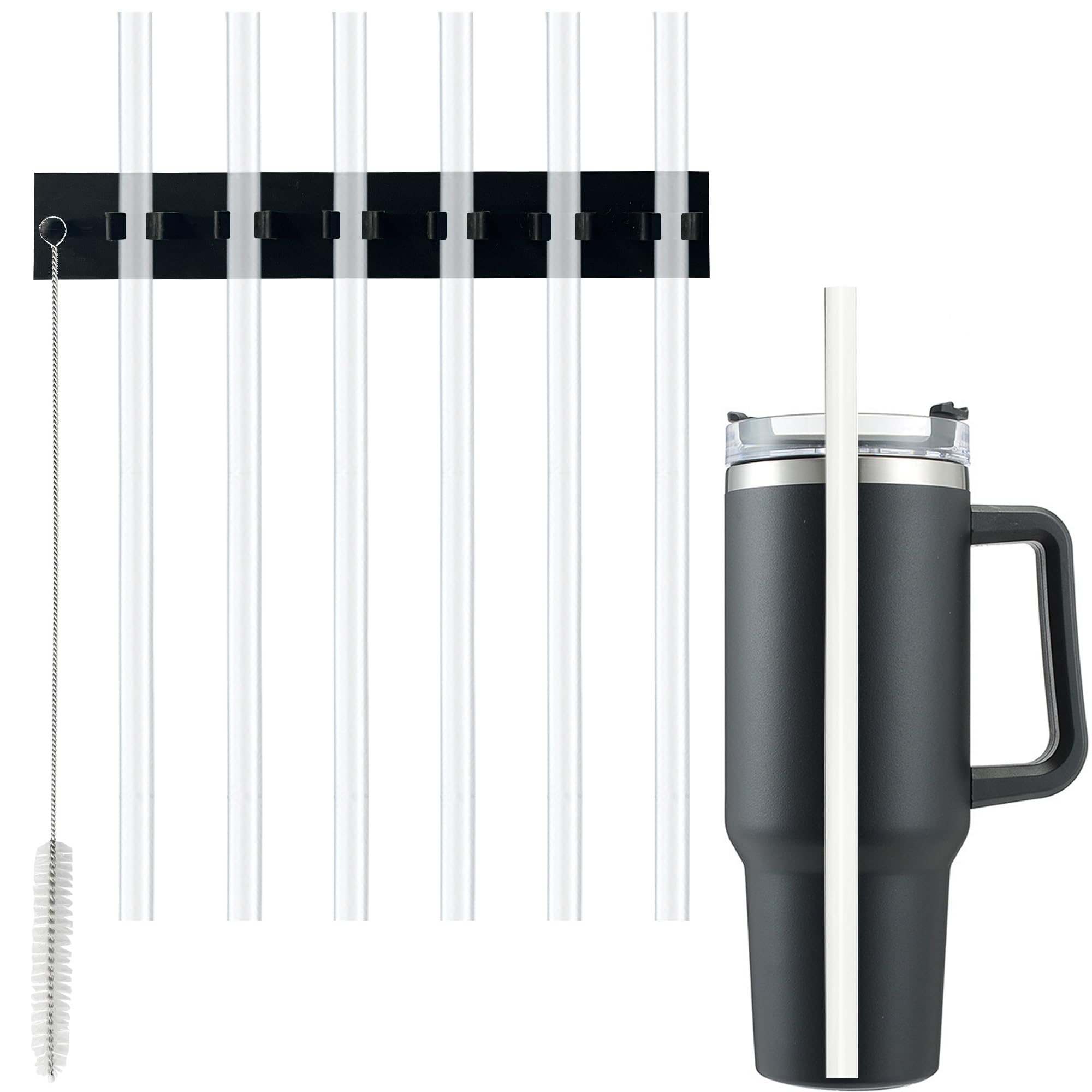Photo 1 of Replacement Straw with Straw holder,6 pcs Reusable Clear Straws with Cleaning Brush Silicone Straw Clips for Stanley 30 oz 40 oz Cup Tumbler Accessories (Black)