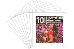 Golden State Art, Pack of 10 Acid Free 12x12 for 10x10 White Picture Mats, Bevel Cut White Core Frame Mattes for Photos