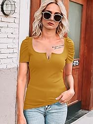 Valphsio Womens Puff Short Sleeve Top Ribbed Knit
