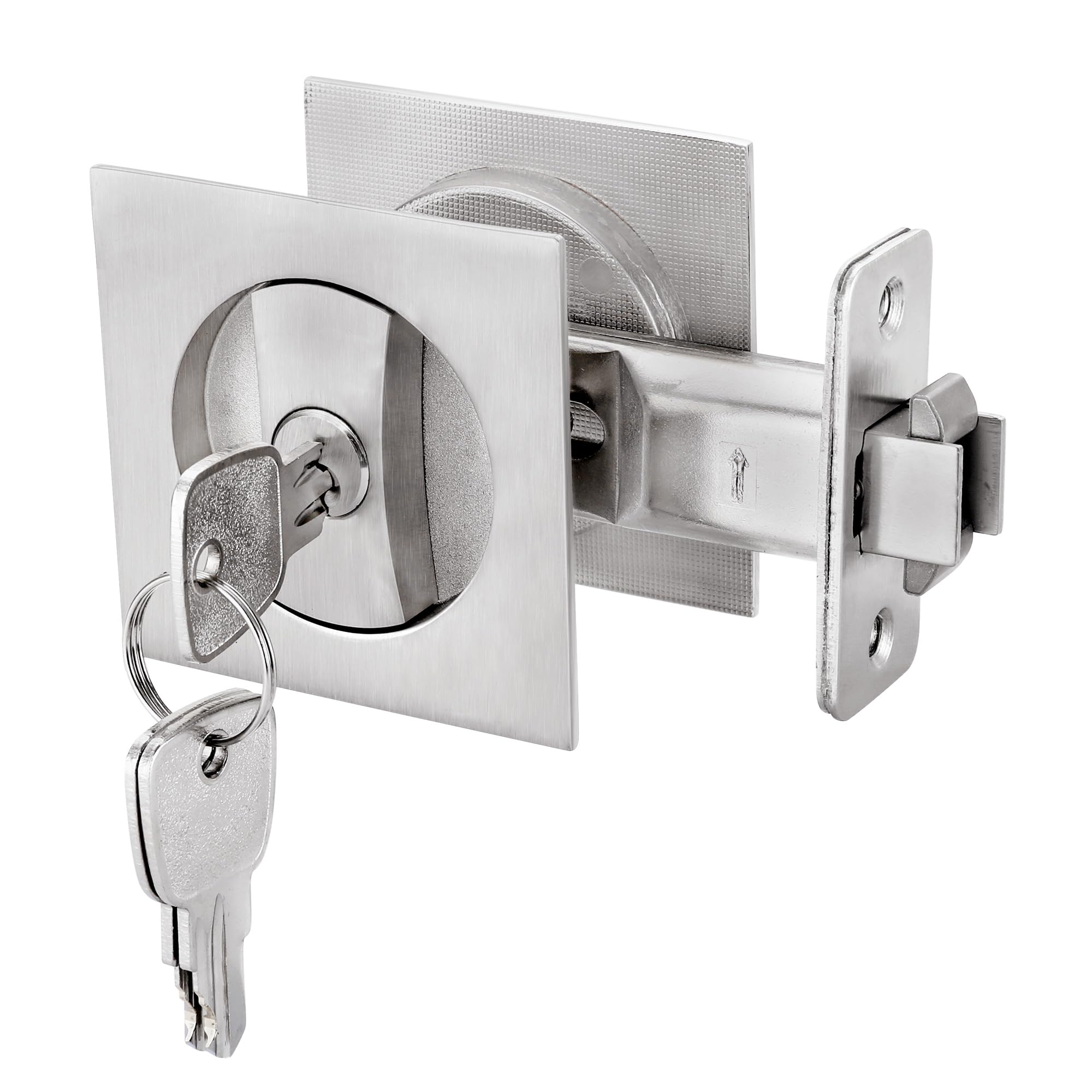 Photo 1 of Malimali Pocket Door Lock with Key, Brushed Steel Pocket Door Hardware Square Door Lock for Privacy Sliding Door Bifold Door Locks Pocket Door Pull Handles Replacement Hardware