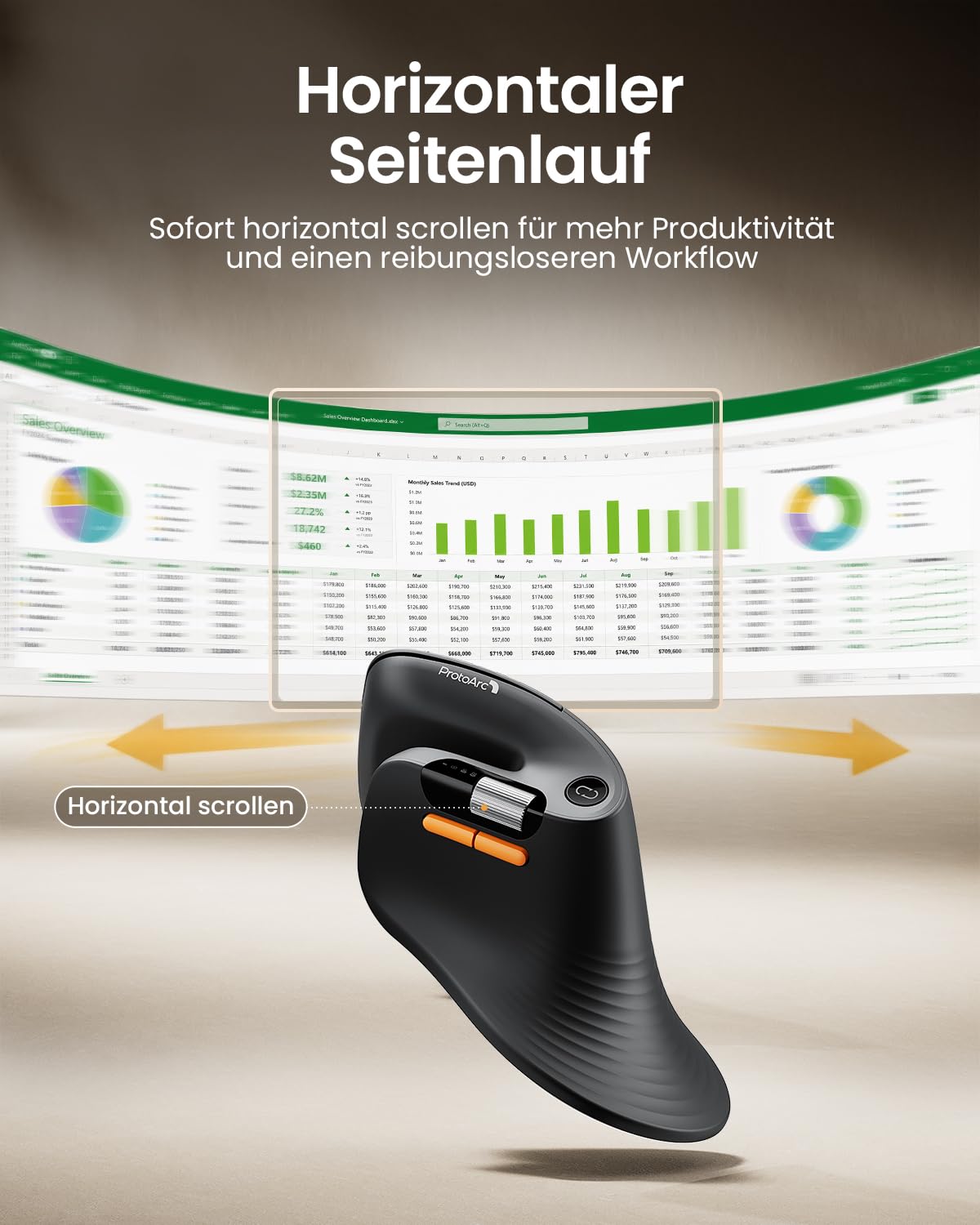 ProtoArc EM11 Pro Ergonomische Vertikale Maus mit Seitenscroll, Anpassbare Tasten, 2*Bluetooth + 2,4G Kabellos, Wiederaufladbar, Vertikal Funkmaus für Büro PC/Mac/Windows/Linux 4