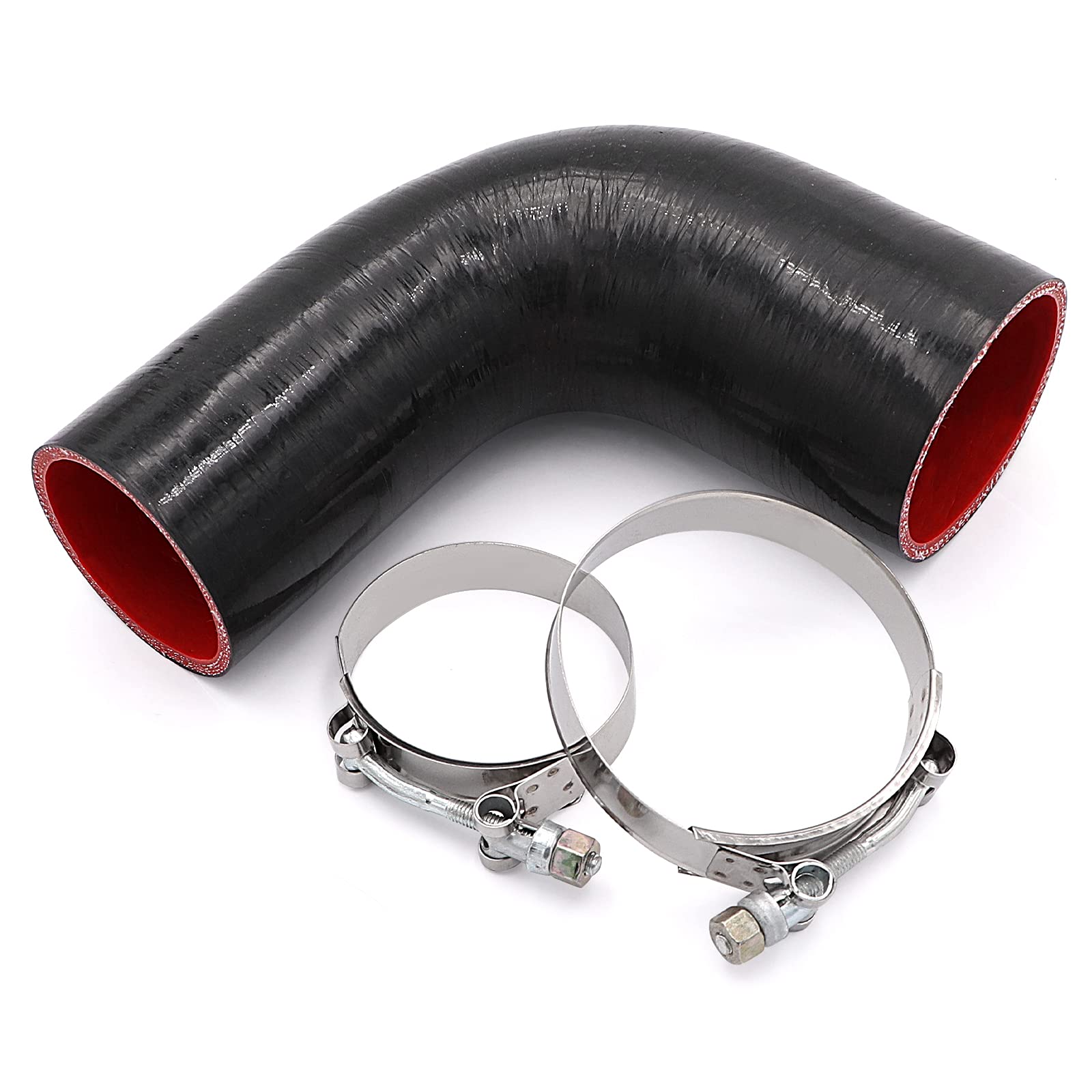 Photo 1 of TuoLauthon 4-Ply High Performance 90 Degree Elbow Reducer Coupler Silicone Hose ID 2-1/2 to 3 inch, Leg Length 102mm Wall Thickness 5mm with 2 T-Bolt Clamps