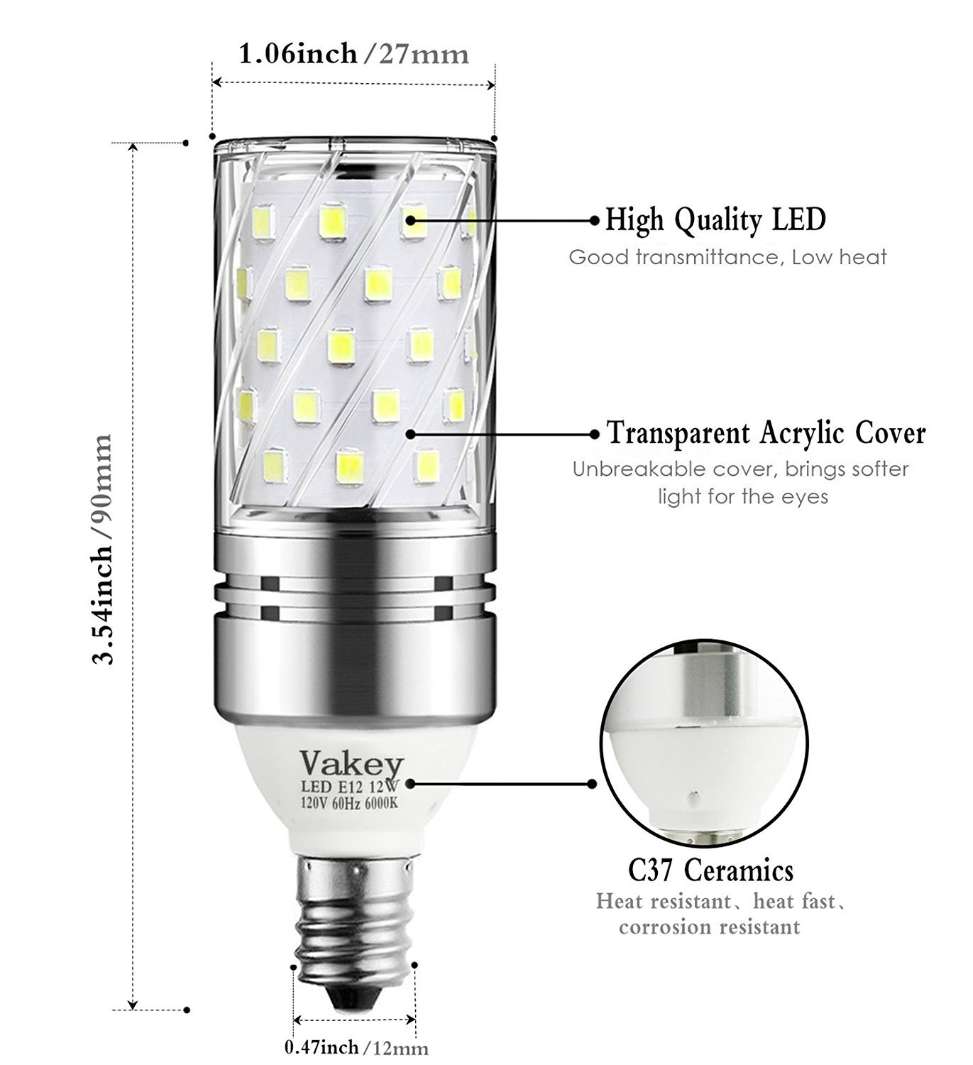 Vakey E12 LED Bulbs,12W LED Candelabra Light Bulbs 100 Watt Equivalent