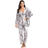 Escalier Women's Silk Satin Pajamas Set 3 Pcs Floral Silky Pj Sets Sleepwear Cami Nightwear with Robe and Pant