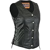 Daniel Smart Biker Vest for Women Genuine Cowhide Open Neck Black Leather Vest with Stylish Side Lace & Multiple Carry Pocket