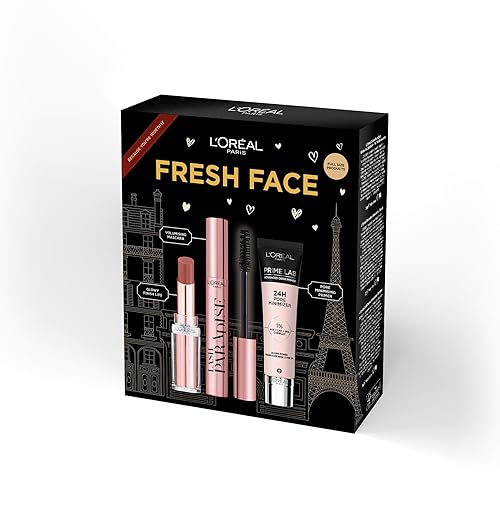 L'Oréal Paris Fresh Face Trio Gift Set Prime Lab 24H Pore Minimiser Primer, Hydrating Balm-In-Lipstick In 191 Nude Heaven & Lash Paradise Mascara Enriched With Lash-Loving Castor Oil