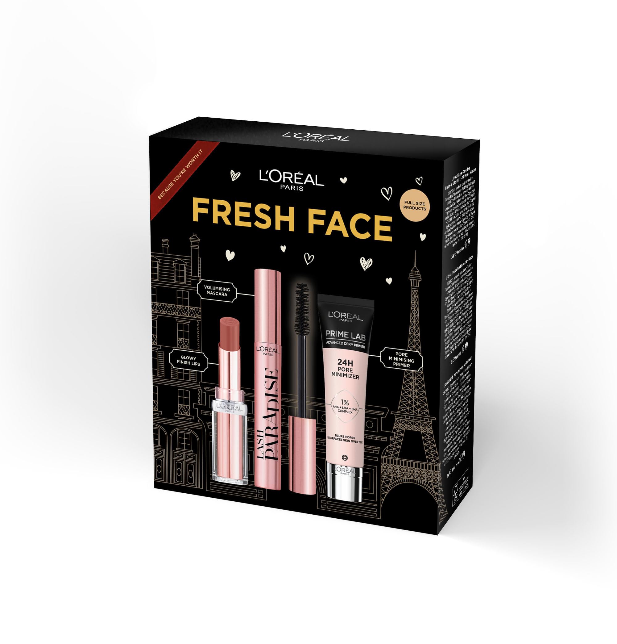 L'Oréal Paris Fresh Face Primer, Lipstick & Mascara Trio Gift Set Prime Lab 24H Pore Minimiser Primer, Hydrating Balm-In-Lipstick In 191 Nude Heaven & Lash Paradise Mascara Enriched With Castor Oil