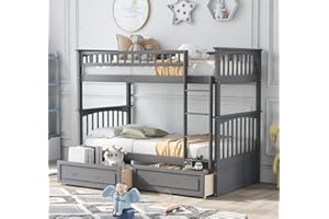 HARPER & BRIGHT DESIGNS Harper & Bright Convertible Wood Twin-Over-Twin Bunk Bed with Storage Drawers and Ladder - Can Be Divided Into Two Daybeds (Grey)