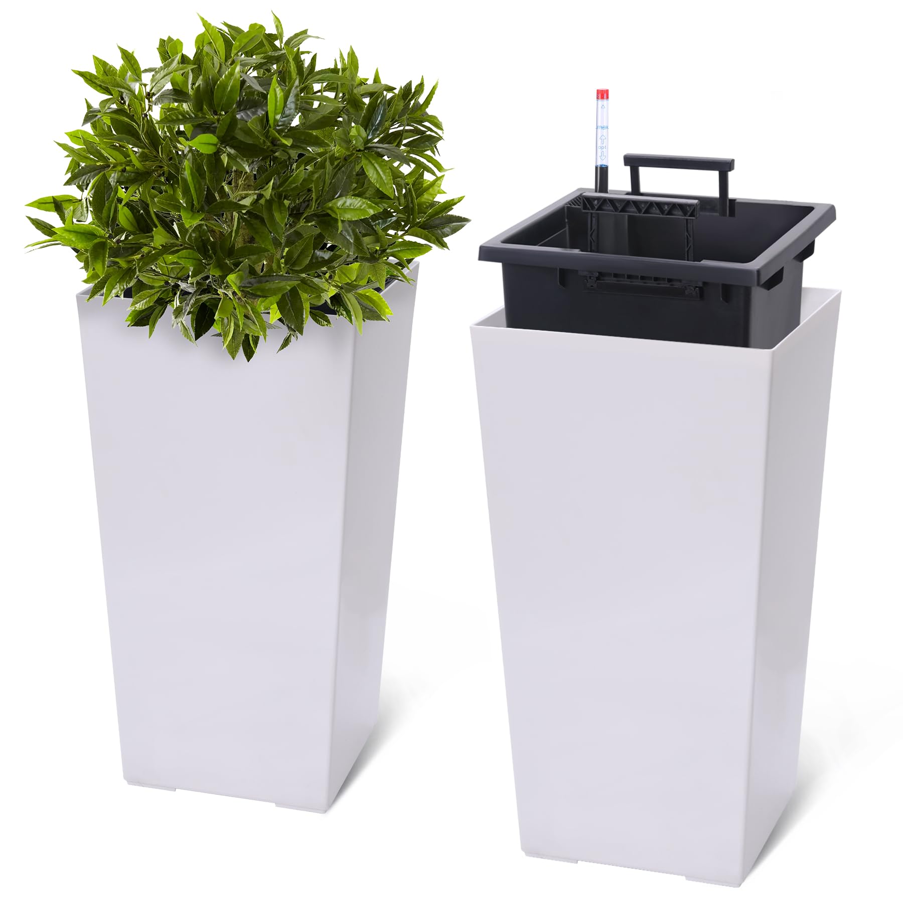 Photo 1 of **ONLY THE ONE POT**GarveeLife 22.5" Tall Planters, Outdoor?Indoor Black Planter Pots, High Front Porch Planter Pots with Drainage Holes?Water Level Monitor?Inner Bucket, Automatic Watering, White