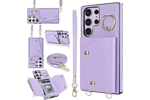 UEEBAI Crossbody Wallet Case for Samsung Galaxy S24 Ultra 5G, Card Slot Phone Case with Zipper Pocket Kickstand Purse Hand Strap Cover with Removable Crossbody Wrist Strap Flip Case - Purple