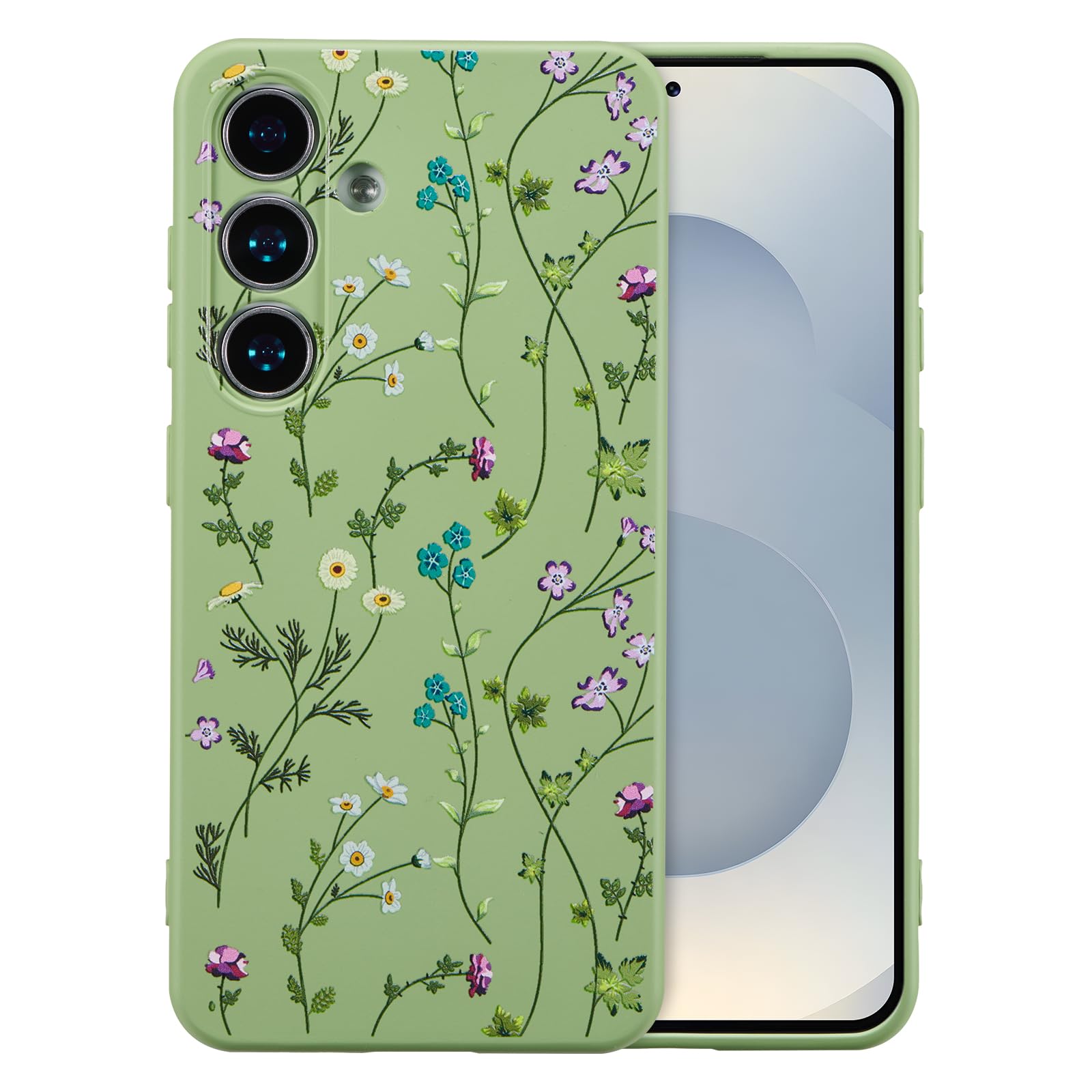 RALEAVO Case for Samsung Galaxy S24,Cute Floral Cover with Flower Branch Pattern Liquid Silicone Phone Cover for Girls Women Slim Soft Rubber Protective for S24 Phone Case,Green