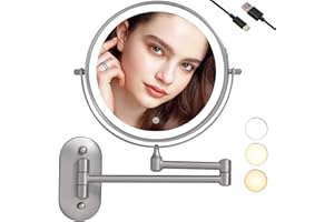 TUSHENGTU Rechargeable Wall Mounted Lighted Makeup Vanity Mirror with 10X/1X Magnification For Shaving, 8Inch Brushed Nickel Magnifying Mirror Makeup Wall Mounted with Light,13 Inch Extendable (8CB-N10X)