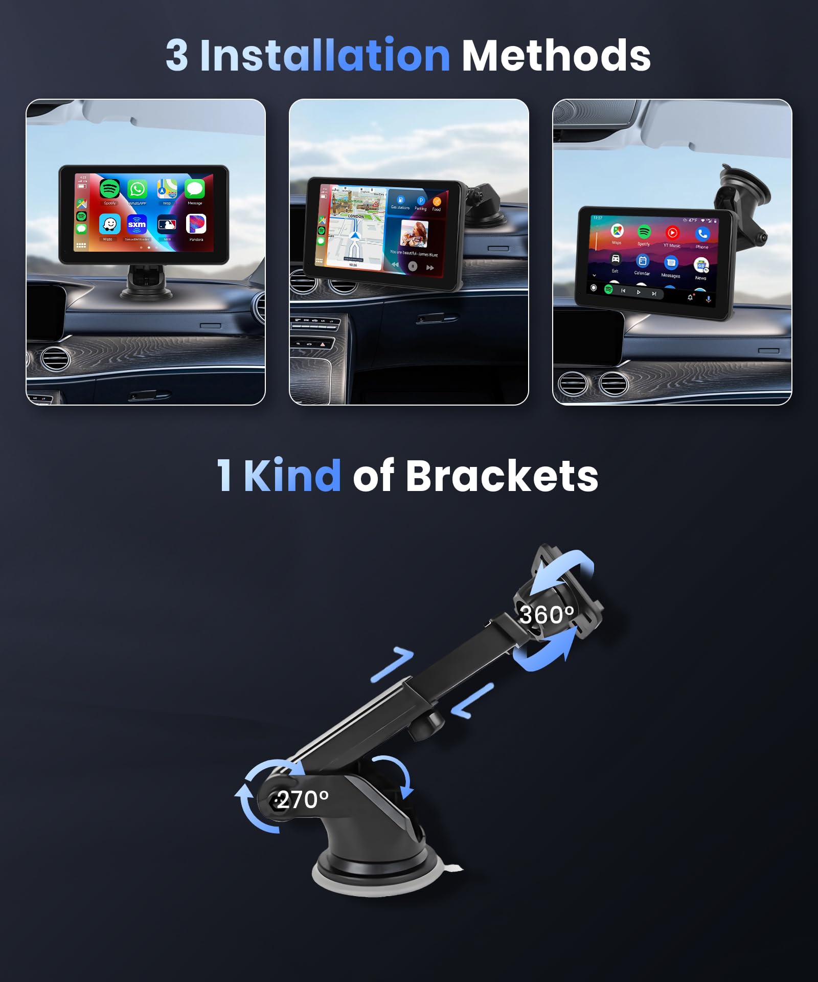 podofo Wireless Carplay Screen for Car,7inch 1080P HD IPS Touch Screen Portable Car Radio Audio Receivers, Wireless Android Auto Screen 2 Mount/2 Bluetooth/MirrorLink/GPS/Voice Control/AUX/FM Transmit