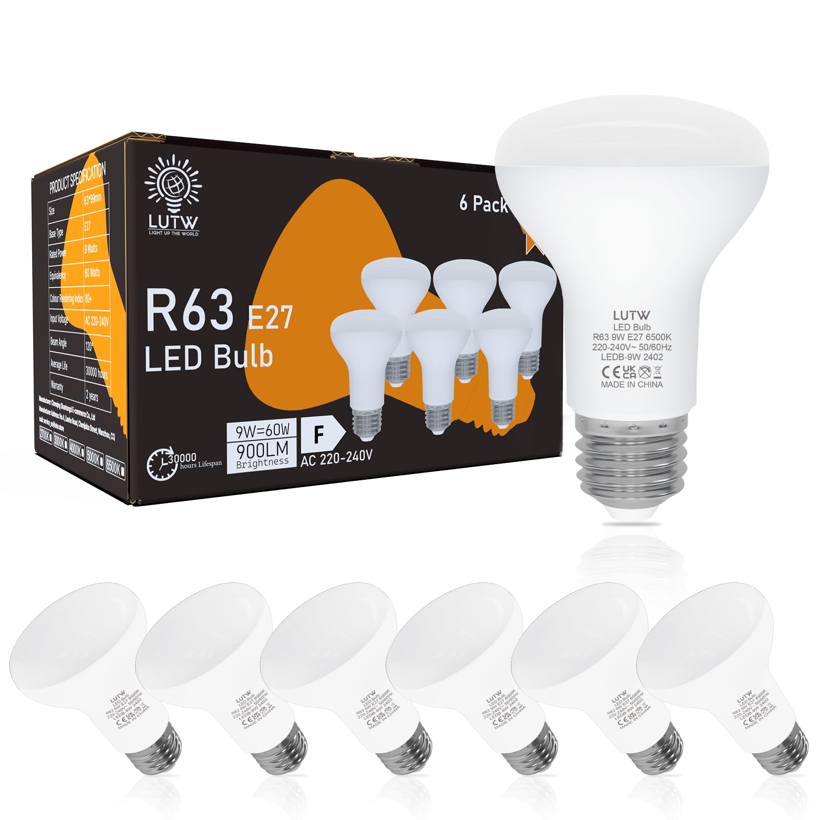 LUTW R63 E27 LED Reflector Bulb, 9W Warm White 3000K, 60W Equivalent Spotlight, 900LM 120° Beam Angle Energy Saving Light, Non-Dimmable, Pack of 6