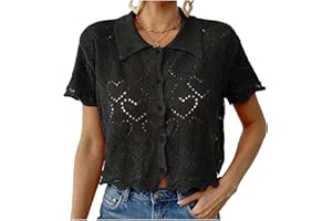 Women Crochet Knit Short Sleeve Tops Summer Lightweight Button Sweater Hollow Out Knitted Cropped Shirts