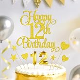 Gold Happy 12th Birthday Cake Decorations, Glitter 12th Birthday Cake Toppers Set and Numeral 12 Candles for Birthday Party Supplies, Heart Star Cupcake Decorations