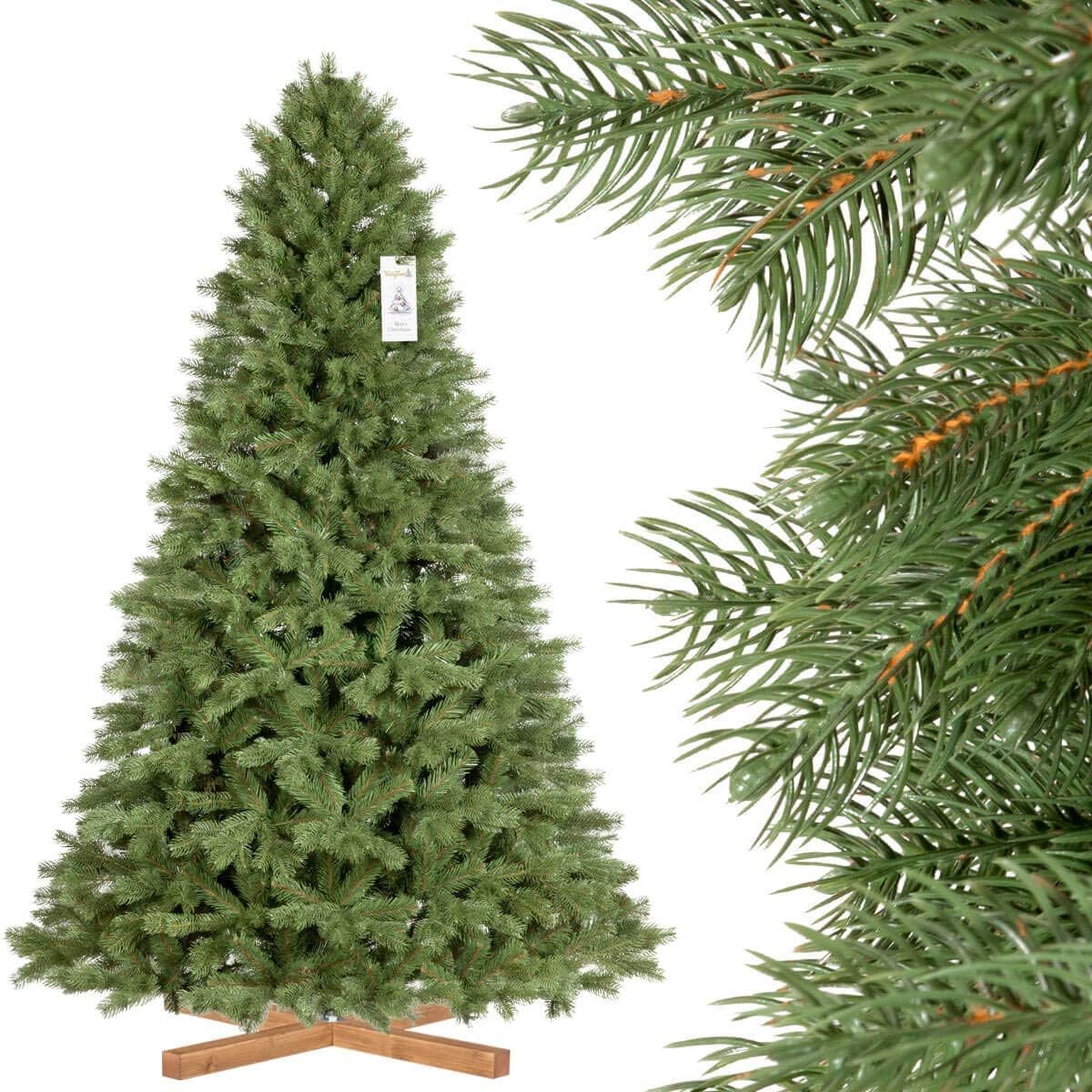 FairyTrees Christmas tree artificial ROYAL SPRUCE PREMIUM, PU and PVC mix material, wooden stand, 7.2ft / 220cm