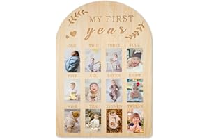 Baby Picture Frame, My First Year Baby Milestone Board Wood Photo Display Personalized 12 Months Newborn Photo Frame for Boy 