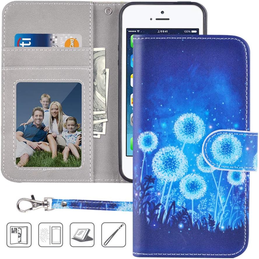 iPhone 5S Wallet Case,iPhone 5 Wallet Case,iPhone SE Wallet Case,MagicSky Premium PU Leather Flip Folio Case Cover with Wrist Strap,Card Slots,Cash Pocket,Kickstand for Apple iPhone 5S/5/SE(Dandelion)