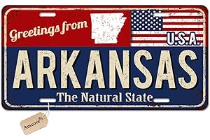 Amcove License Plate Greetings from Arkansas Vintage Rusty Metal Sign with American Flag Novelty License Plate Decorative Front Plate,6 X 12 Inch