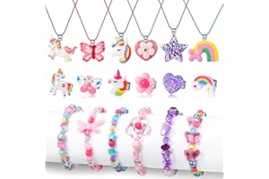 Lorfancy 18 PCS Kids Jewelry for Girls Bracelets Necklaces Rings Set Toddler Unicorn Butterfly Beaded Bracelet adjustable colorful Friendship Dress up Jewelry Gifts (A)