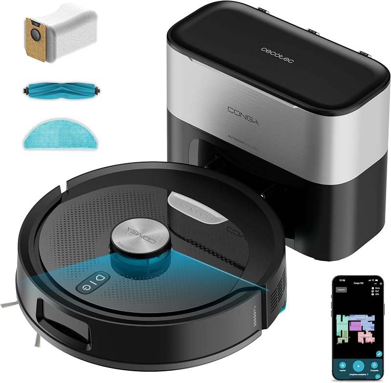 Robot Aspirapolvere e Lavapavimenti Base Autosvuotamento Conga Y80 Dark. Navigazione Laser, 25000 Pa, Auton. 240min, Spazzola Silicone Pet, Sacco 3L, Bluetooth WiFi, App per Casa Sempre Pulita