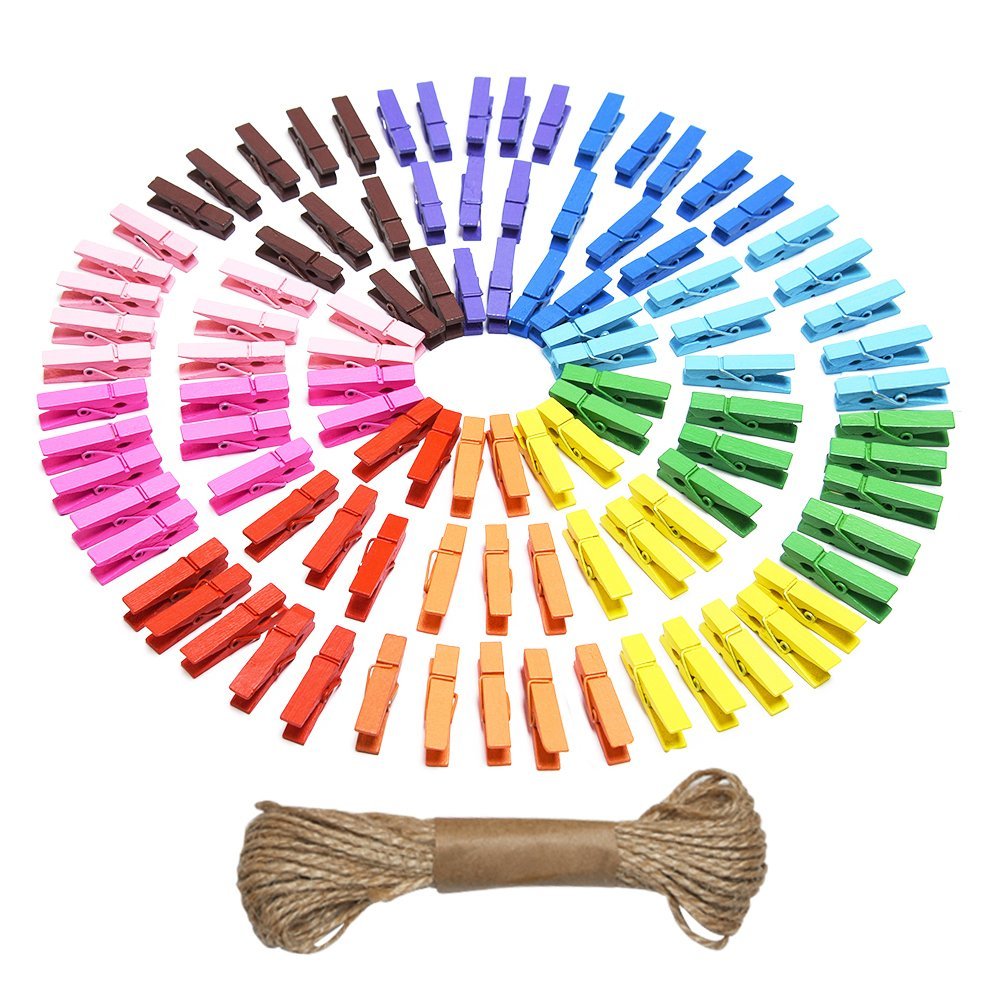 eBoot Mini Colored Natural Wooden Clothespins Photo Paper Peg Pin Craft Clips with Jute Twine, 100 Pieces